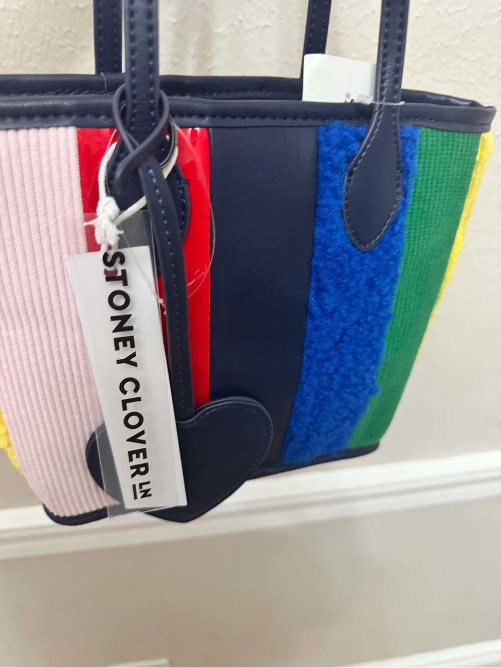 Stoney Clover Lane Navy Tote with Multicolor Pink Red Blue Green Yellow Panels
